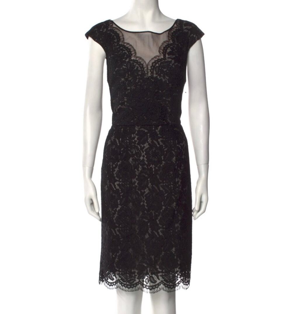 Vera Wang Black Lace Cocktail Dress Size 8 Scalloped Illusion Sheath LBDโ
